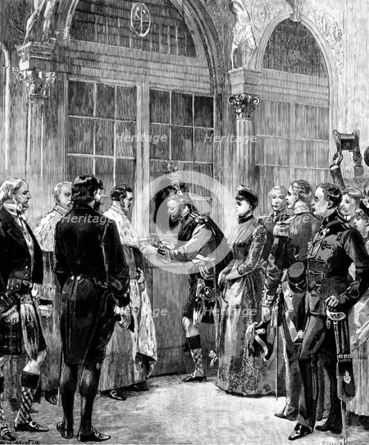 Opening of the Edinburgh Exhibition: the Duke of Edinburgh unlocking the door, 1890. Creator: R. Taylor.