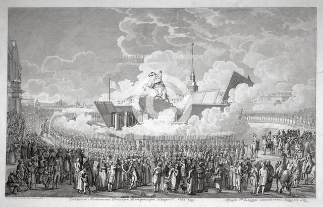 Opening of the equestrian statue of Peter the Great on Senate Square St. Petersburg in 1782, early 1 Creator: Melnikov, Alexey Kupriyanovich (19th century).