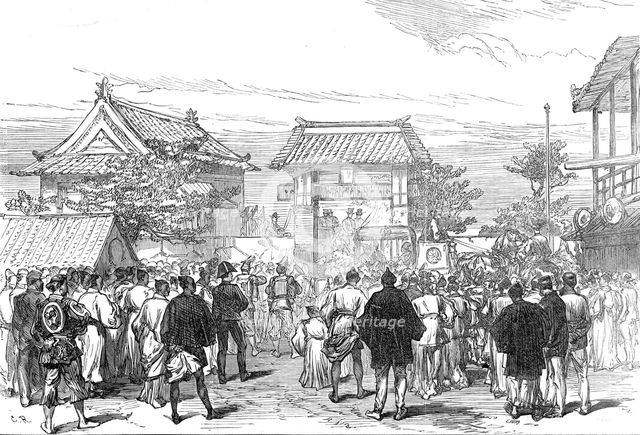 Opening of the first railway in Japan: procession at the Saiwai Bashi Gate, Jeddo, 1872. Creator: C. R..