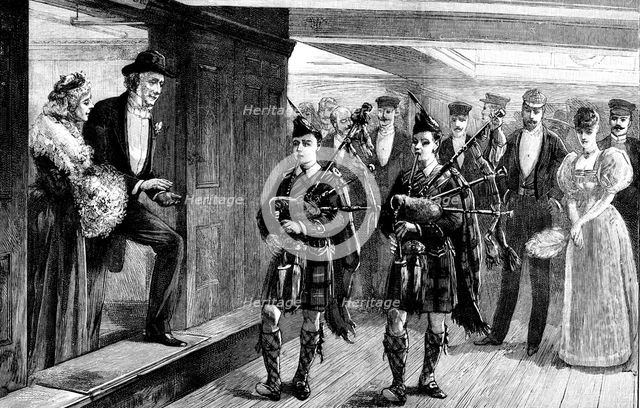 Opening of the Kaiser Wilhelm Canal...: piping to dinner on board the "Tantallon Castle", 1895. Creator: Unknown.