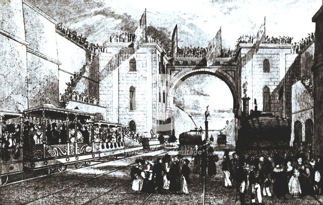 Opening of the line from Liverpool to Manchester, September 15, 1830, with a Rocket machine, firs…