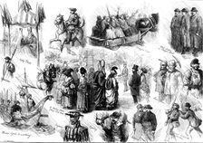 Opening of the new townhall at Bradford: sketches in the streets, 1873. Creator: Charles Joseph Staniland