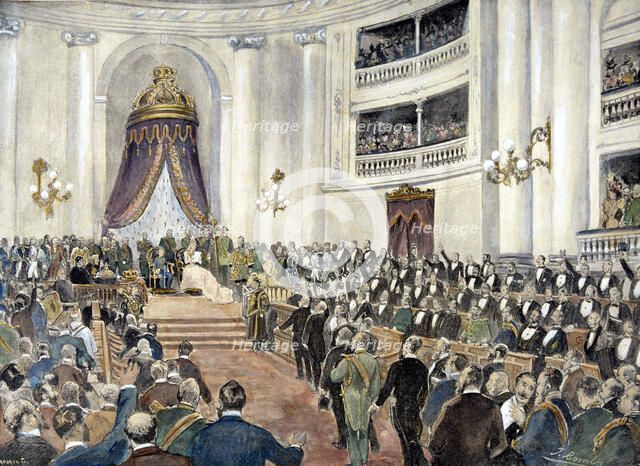 Opening of Parliament by Queen Maria Christina Habsburgo with her son Alphonse' in 1898, drawing …