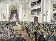Opening of Parliament by Queen Maria Christina Habsburgo with her son Alphonse in 1898, drawing …