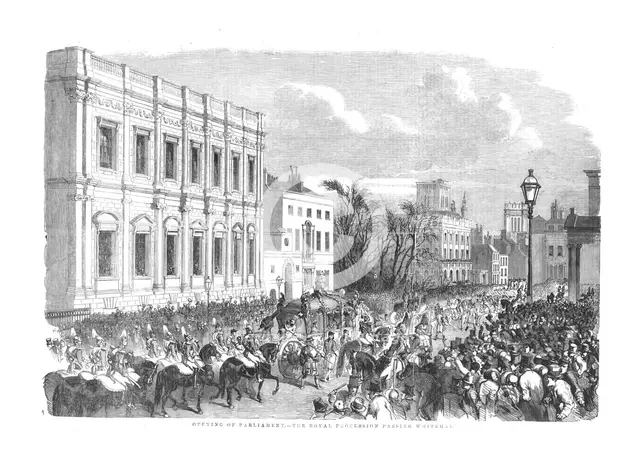 'Opening of Parliament - The Royal Procession Passing Whitehall.', 1854. Artist: Unknown.