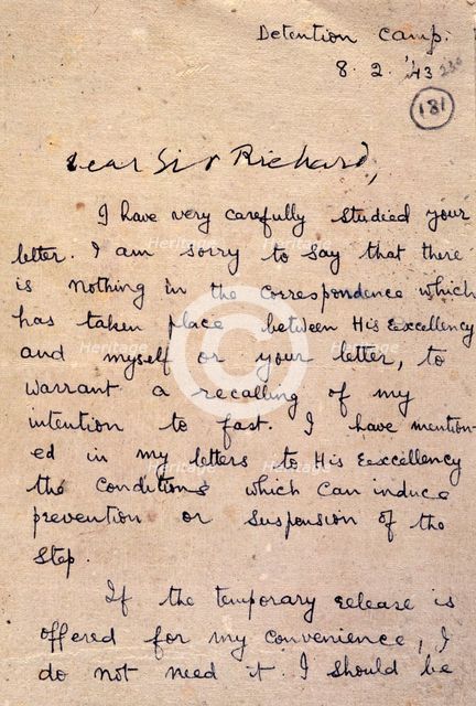 Opening page of a letter from Gandhi to Sir Richard Tottenham, 1943. Creator: Mohandas Gandhi.