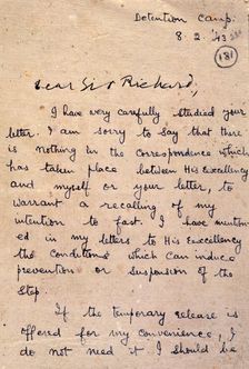 Opening page of a letter from Gandhi to Sir Richard Tottenham, 1943. Creator: Mohandas Gandhi