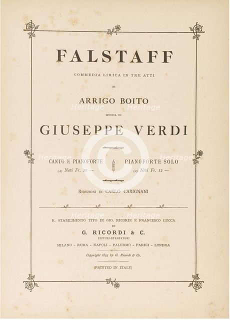 Opera Falstaff: first edition of the original version, 1893.