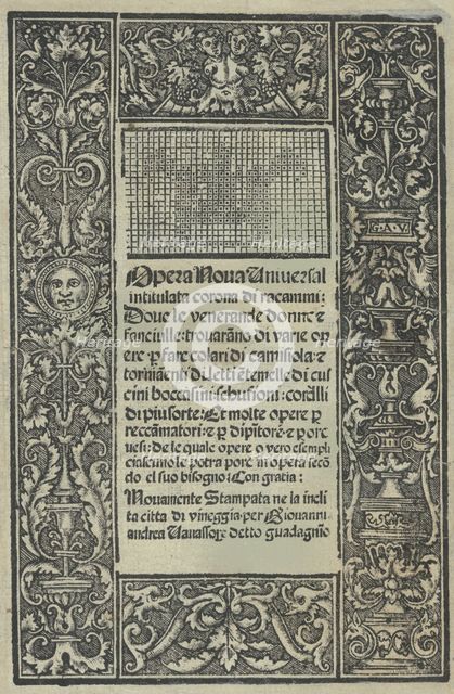 Opera Nova Universali intitulata Corona di racammi, title page (recto), [1530]. Creator: Giovanni Andrea Vavassore.