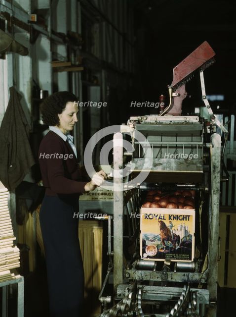 Operating a machine for putting tops on crates, co-op orange packing plant, Redlands, Calif. , 1943. Creator: Jack Delano.