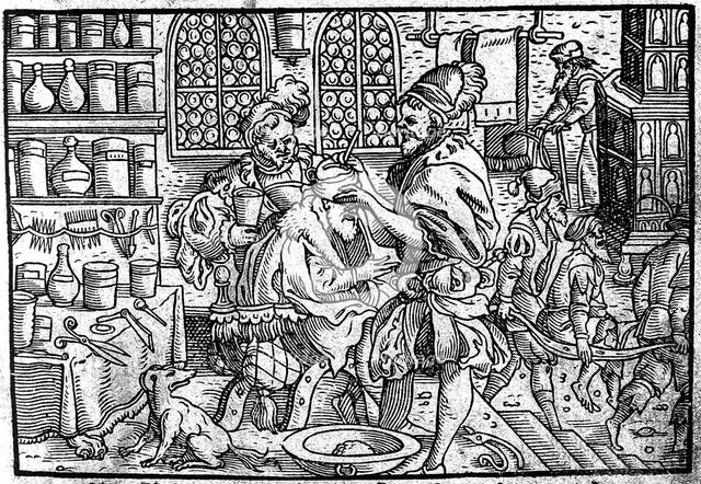 Operation on a man's head. From: Die große Wundarzney by Theophrastus Bombastus von Hohenheim, 1562. Artist: Anonymous  