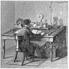 Operator sending a message on a Morse electric printing telegraph, 1887. Creator: Unknown