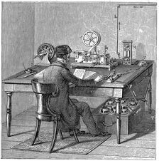Operator sending a message on a Morse electric printing telegraph, 1887