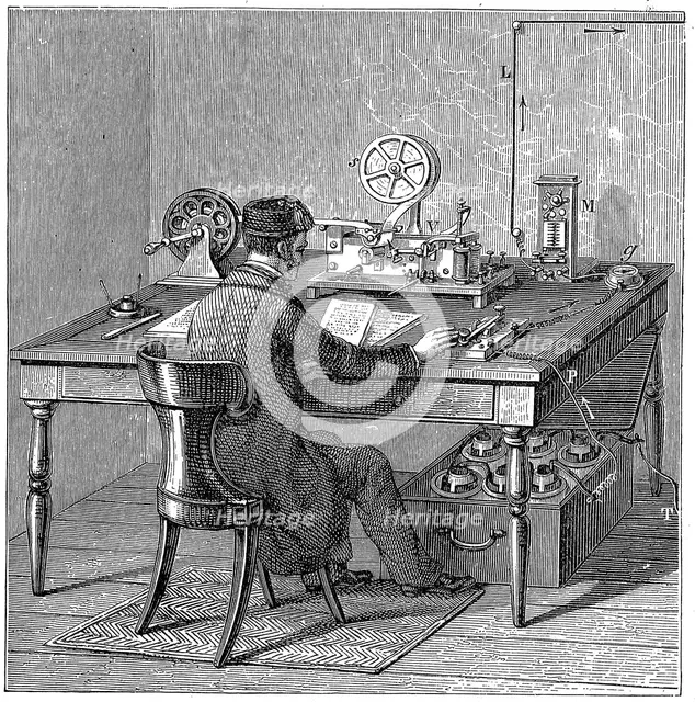 Operator sending a message on a Morse electric printing telegraph, 1887. Creator: Unknown.