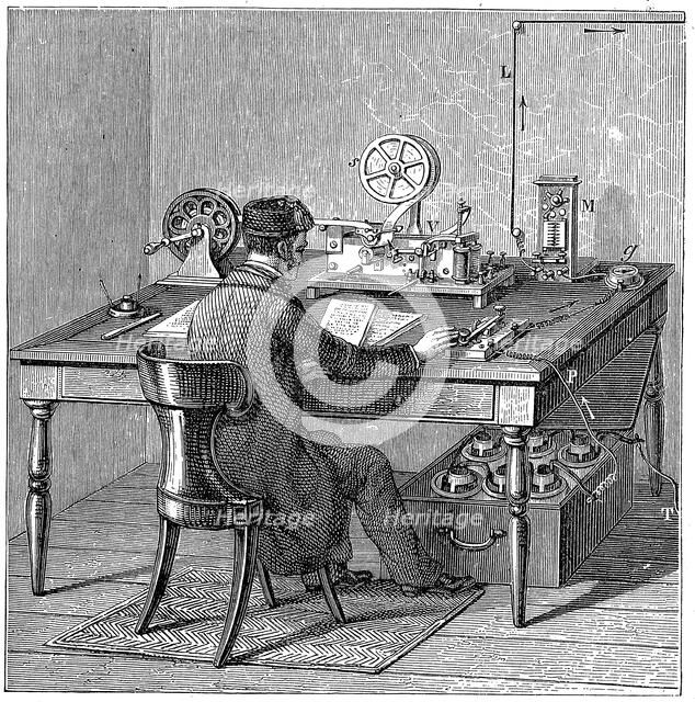 Operator sending a message on a Morse electric printing telegraph, 1887. Artist: Unknown
