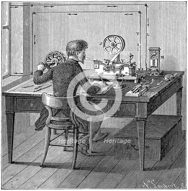 Operator receiving a message in Morse code on an electric printing telegraph, 1887. Artist: Unknown