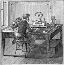 Operator receiving a message in Morse code on an electric printing telegraph, 1887. Creator: Unknown