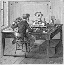 Operator receiving a message in Morse code on an electric printing telegraph, 1887