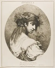 Ophelia, from Twelve Characters from Shakespeare, May 20, 1775 (originally published); pub. 1809. Creator: John Hamilton Mortimer