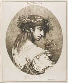 Ophelia, from Twelve Characters from Shakespeare, May 20, 1775 (originally published); pub. 1809. Creator: John Hamilton Mortimer