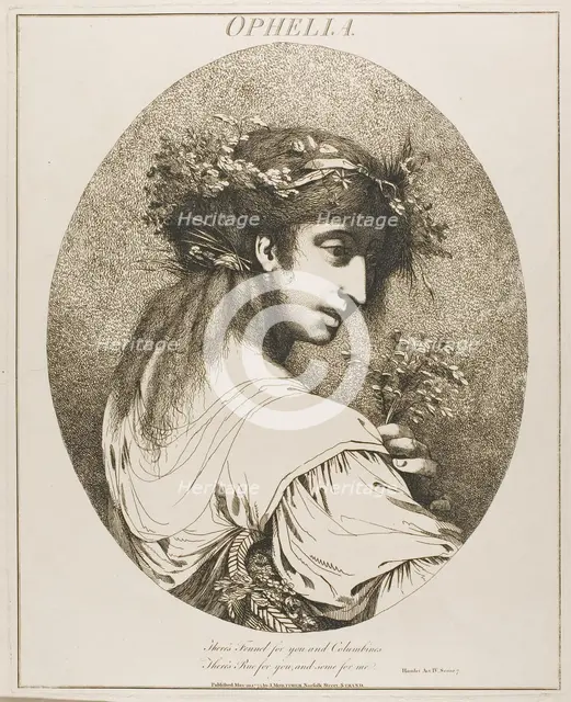 Ophelia, from Twelve Characters from Shakespeare, May 20, 1775 (originally published); pub. 1809. Creator: John Hamilton Mortimer.