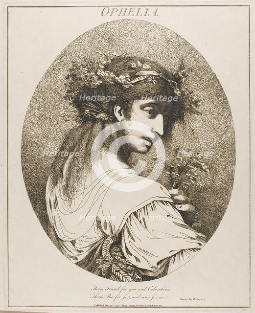 Ophelia, from Twelve Characters from Shakespeare, May 20, 1775 (originally published); pub. 1809. Creator: John Hamilton Mortimer.