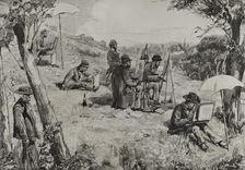 Opponents of the Rome pension schemes drawing near the San Fernando Bridge, Madrid, Spain, 1878. Creator: Manuel Domínguez