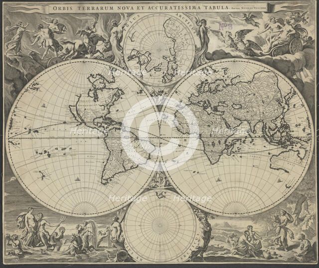 Orbis terrarum nova et accuratissima tabula, ca 1690. Artist: Visscher, Nicolaes (1618-1679)