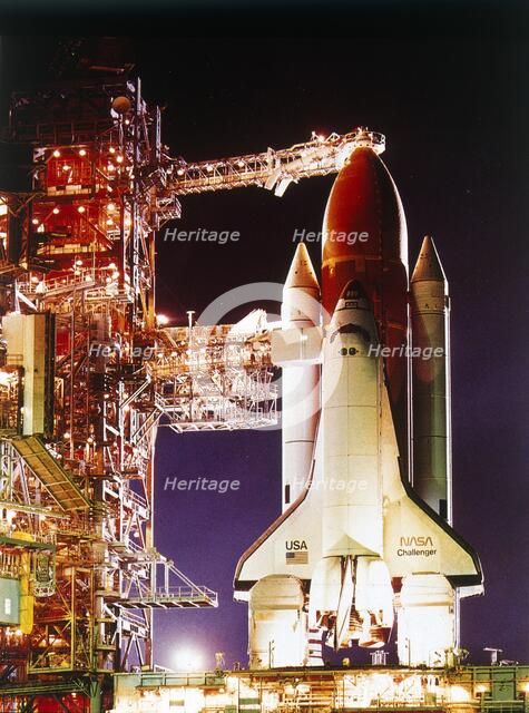 Orbiter 'Challenger' on launch pad, Kennedy Space Center, Merritt Island, Florida, USA, 1980s. Creator: NASA.