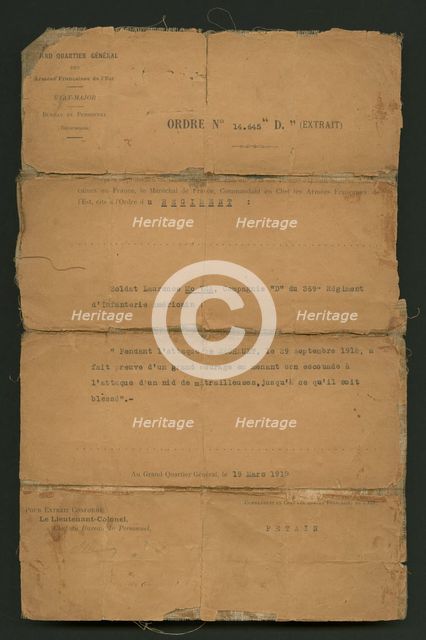 Order of Commendation from the Commander of the French Armies of the East, March 19, 1919. Creator: Unknown.