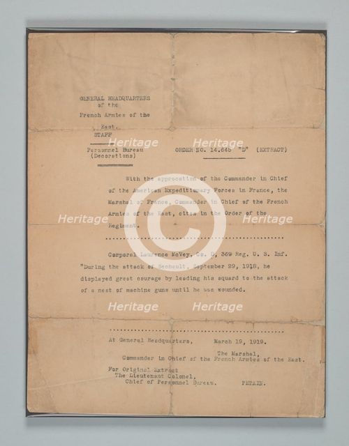 Order of Commendation from the Commander of the French Armies of the East, March 19, 1919. Creator: Unknown.