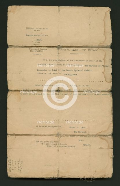 Order of Commendation from the Commander of the French Armies of the East, March 19, 1919. Creator: Unknown.