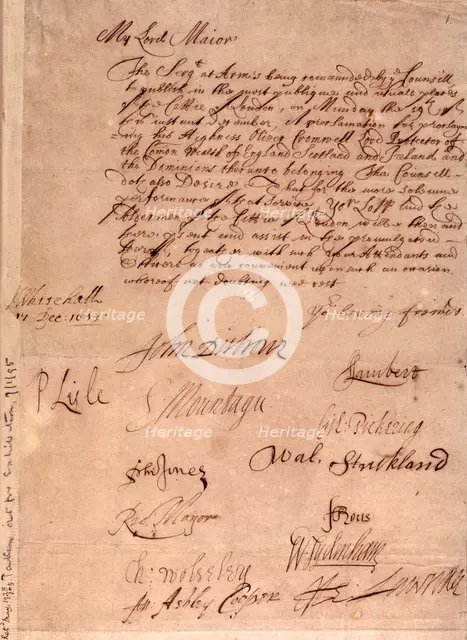 Order proclaiming Oliver Cromwell as Protector of England, 1653. Creator: Unknown.