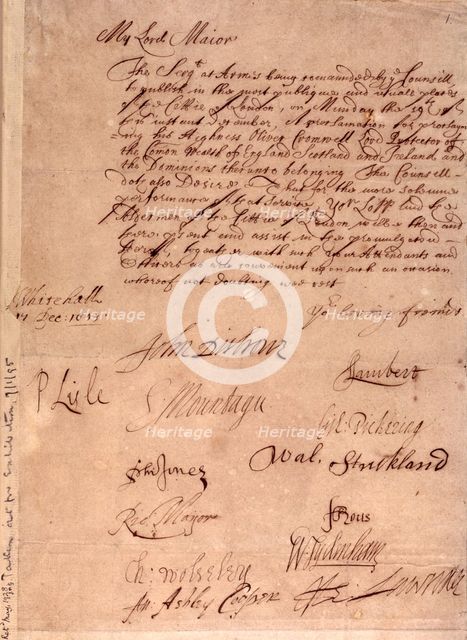Order proclaiming Oliver Cromwell as Protector of England, 1653. Creator: Unknown.