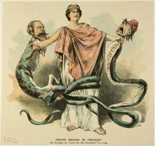 Order Reigns in Chicago!, from Puck, published April 18, 1887. Creator: Charles Jay Taylor