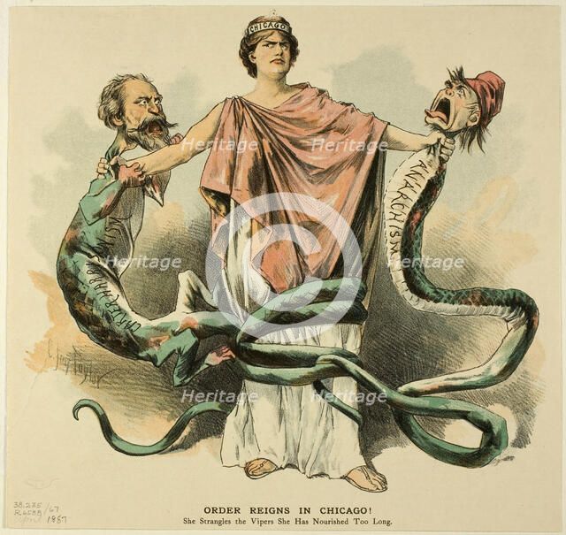 Order Reigns in Chicago!, from Puck, published April 18, 1887. Creator: Charles Jay Taylor.