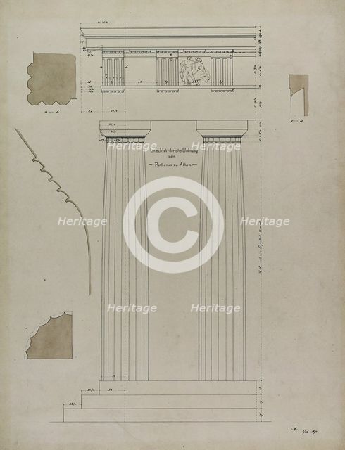 Orders of Architecture, Greek Doric Order from the Parthenon, Elevation, March 28, 1870. Creator: Carl J Furst.