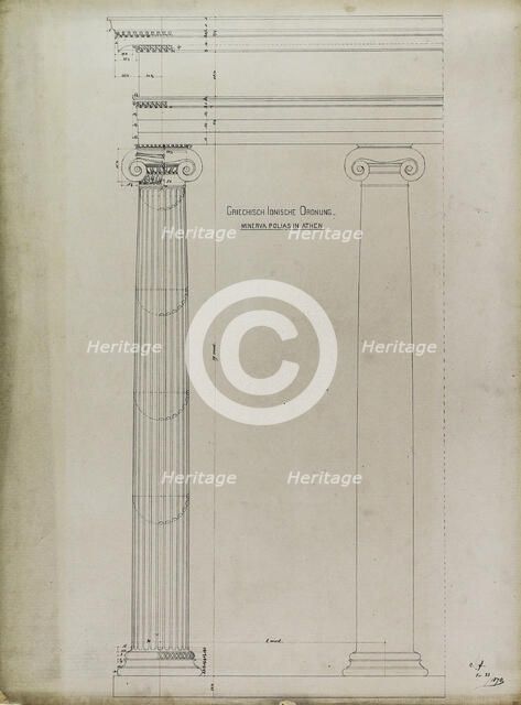 Orders of Architecture, Greek Ionic Order from the Temple of Minerva Polias, Elevation, 1870. Creator: Carl J Furst.