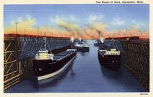 Ore boats at dock, Escanaba, Michigan, USA, 1940