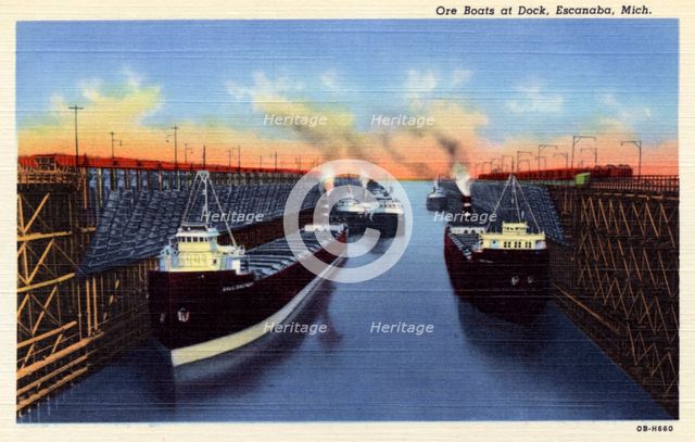 Ore boats at dock, Escanaba, Michigan, USA, 1940. Artist: Unknown