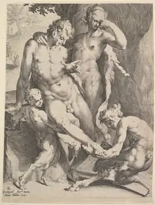Oreads Removing a Thorn from a Satyr's Foot, 1590. Creators: Bartholomeus Spranger, Jan Muller