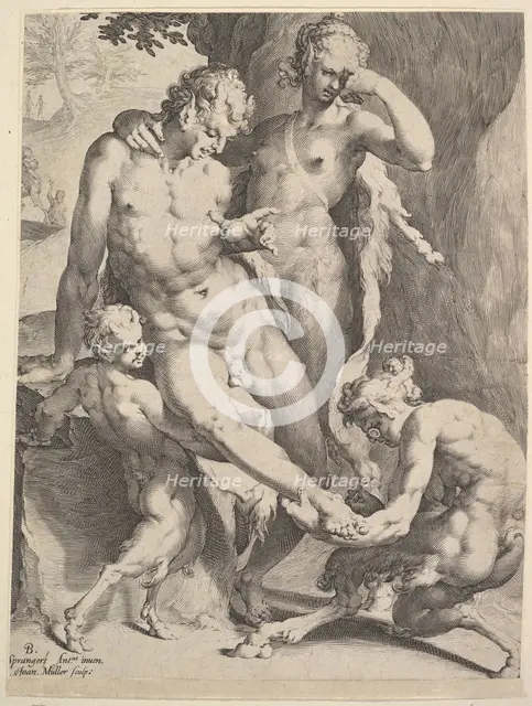 Oreads Removing a Thorn from a Satyr's Foot, 1590. Creators: Bartholomeus Spranger, Jan Muller.