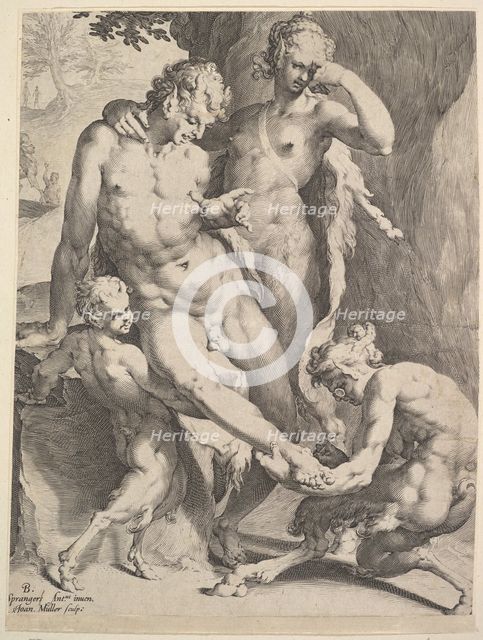 Oreads Removing a Thorn from a Satyr's Foot, 1590. Creators: Bartholomeus Spranger, Jan Muller.