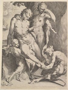 Oreads Removing a Thorn from a Satyr's Foot, 1590. Creators: Bartholomeus Spranger, Jan Muller