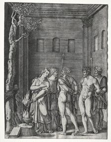 Orestes and Pylades brought to Iphigenia for Sacrifice, 1514/1536. Creator: Agostino Musi (Italian, 1490-1540)