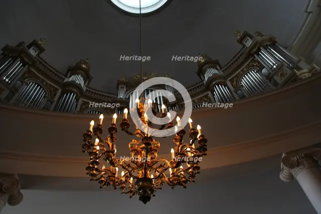 Organ and chandelier, Lutheran Cathedral, Helsinki, Finland, 2011. Creator: Sheldon Marshall.