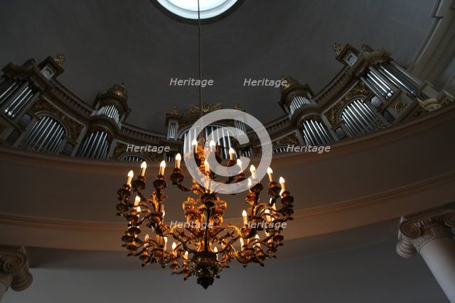 Organ and chandelier, Lutheran Cathedral, Helsinki, Finland, 2011. Creator: Sheldon Marshall.