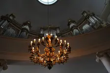 Organ and chandelier, Lutheran Cathedral, Helsinki, Finland, 2011. Creator: Sheldon Marshall