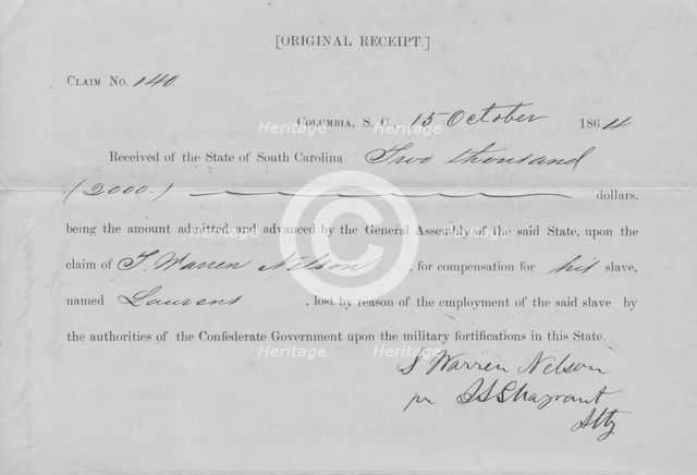 Original receipt for $2,000 compensation obtained by L. Warren Nelson; Columbia..., 1864-10-15. Creator: Unknown.