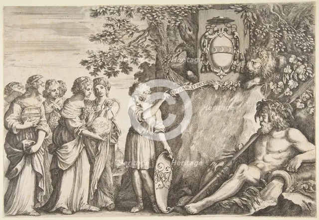 Ornament design for a thesis, the Strozzi coat of arms at top, ca. 1660. Creator: Stefano della Bella.